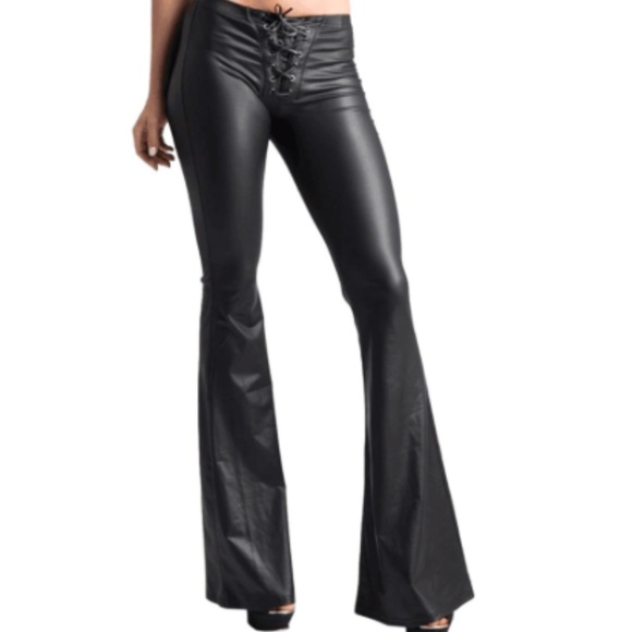 black faux leather flare pants